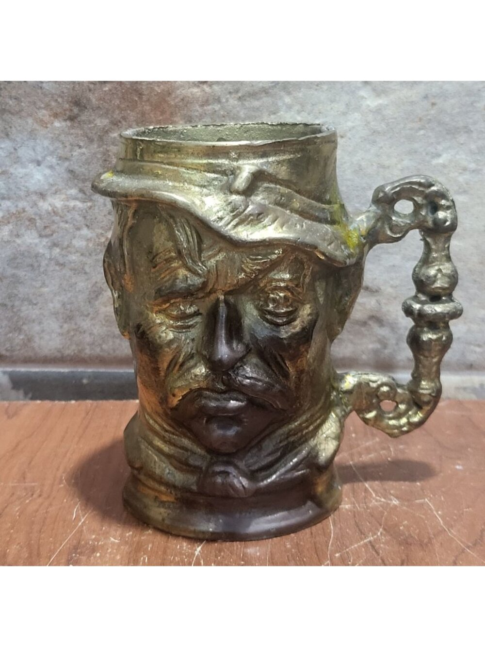 Vintage Solid Brass Toby Mug Stein Character Hat Handle Distressed Patina